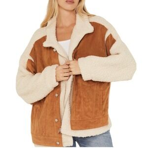 BLANKNYC Two Tone Suede Sherpa Jacket Full Zip Button Brown Women Size Large NWT